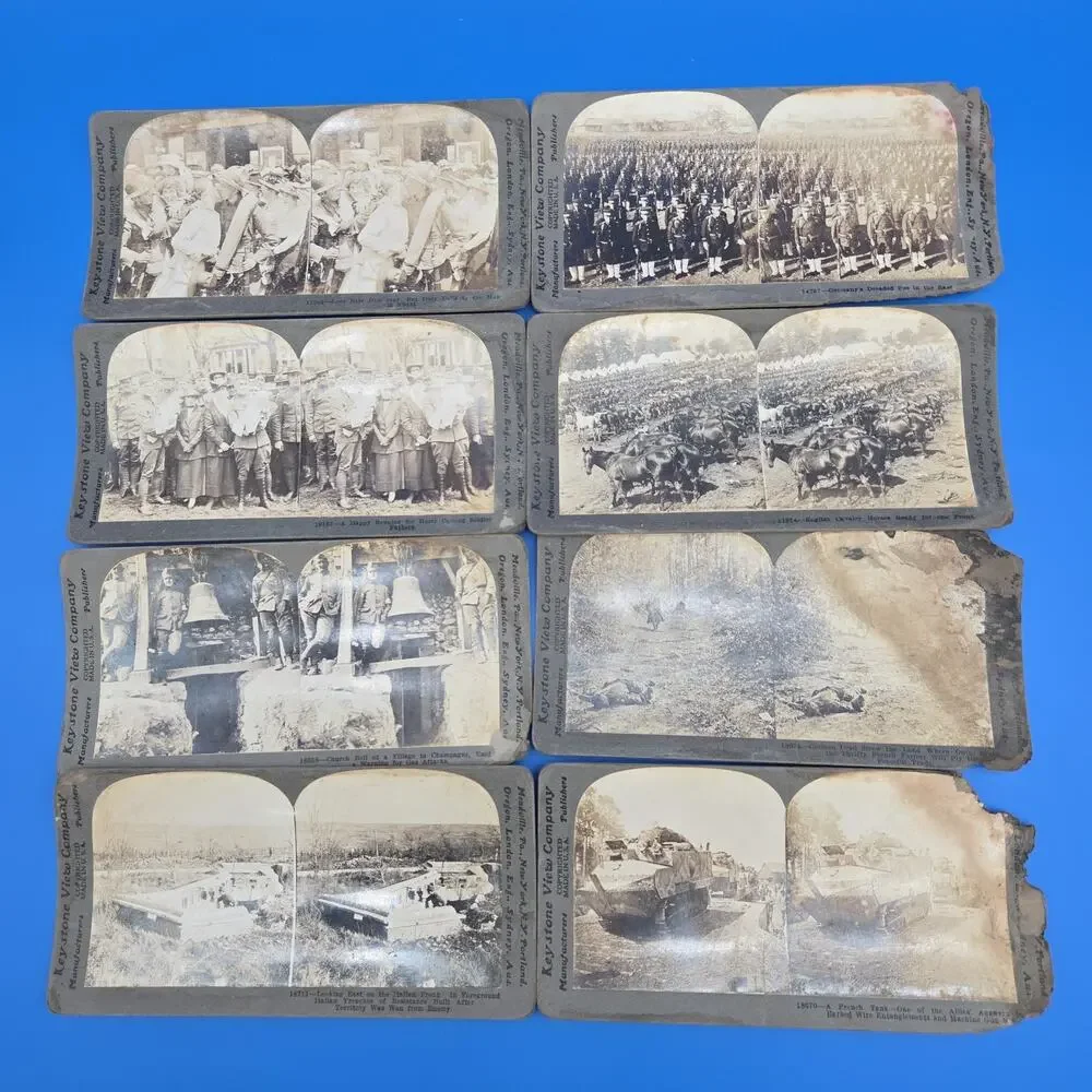 Keystone WWI Stereoview Card Lot 14 Trench Tank Pershing Gas Attack Antique